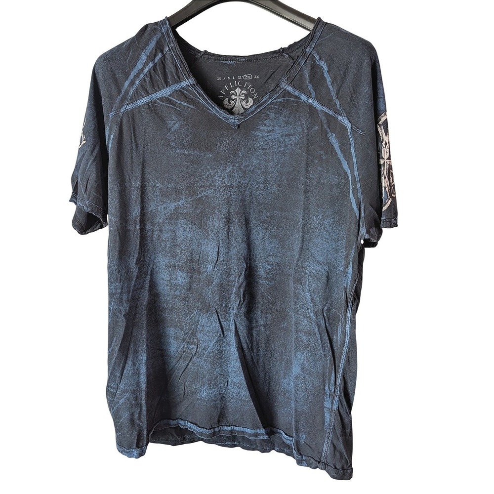 Affliction T Shirt Mens 2XL Blue Black Acid Wash Skull Graphic V-Neck Y2K MMA
